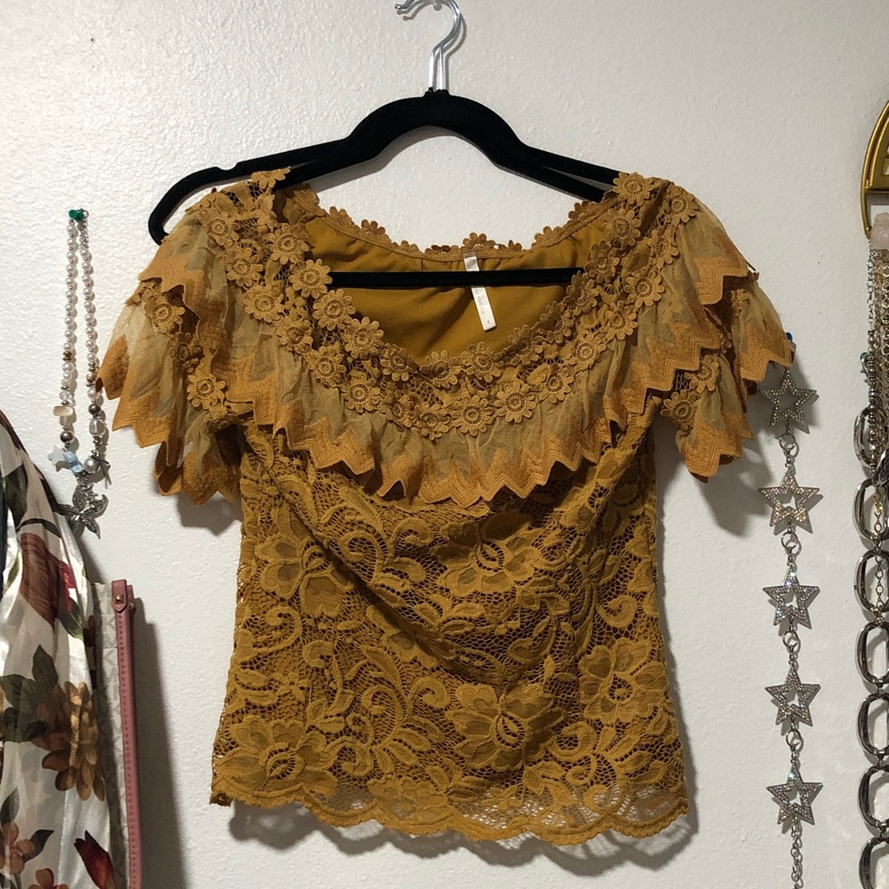 Love Nation Mustard Lace Off-Shoulder Ruffle Top